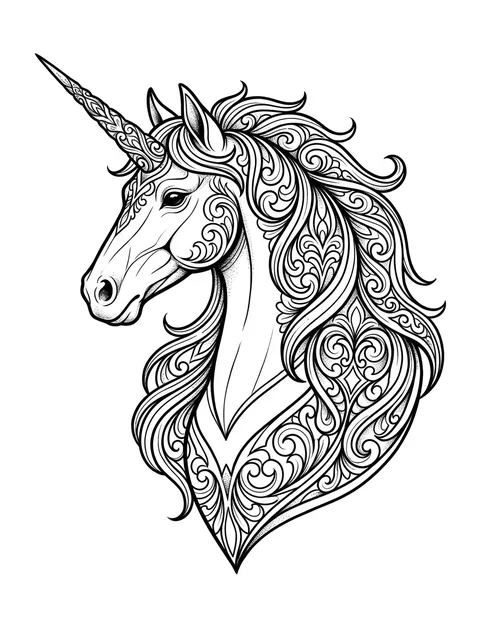 Black and grey ornamental unicorn tattoo design