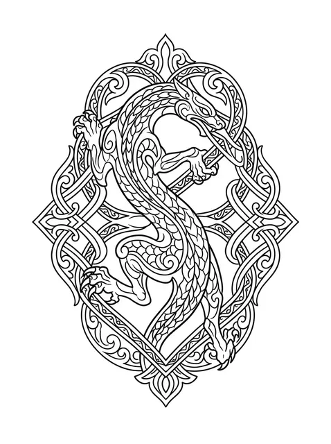 Black and grey ornamental dragon and viking tattoo design