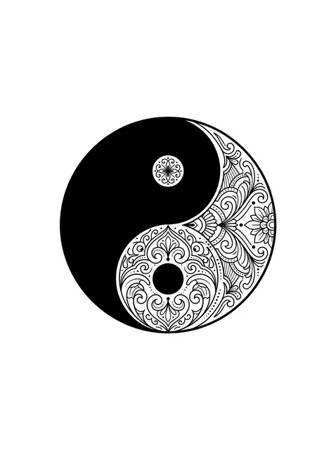 Black and white ornamental yin yang and mandala tattoo design