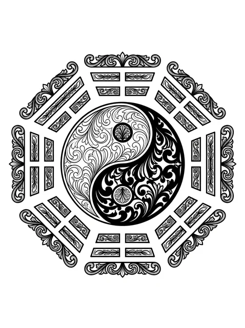 Black and grey ornamental yin yang and mandala tattoo design