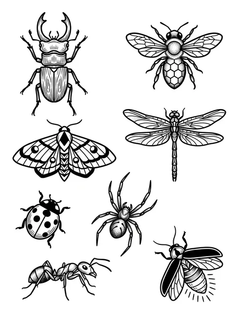 Black and grey patchwork bee and moth tattoo design