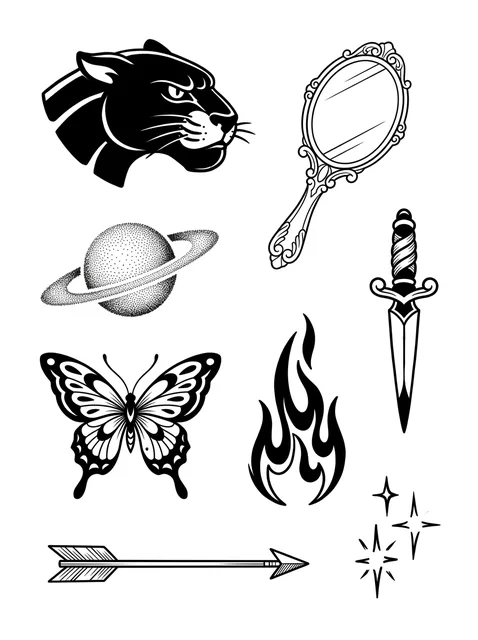 Black and grey patchwork panther and butterfly tattoo design