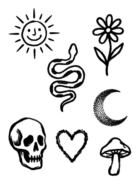Black and grey patchwork skull and snake tattoo design: a daisy, a scratchy