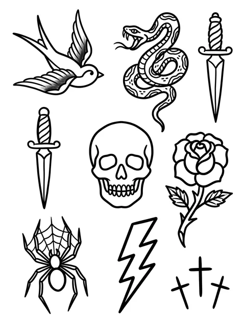 Black and grey patchwork skull and swallow tattoo design