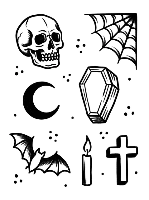 Black and grey patchwork skull and web tattoo design