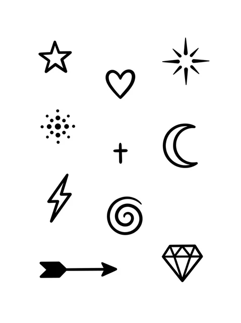 Black and grey patchwork star and heart tattoo design