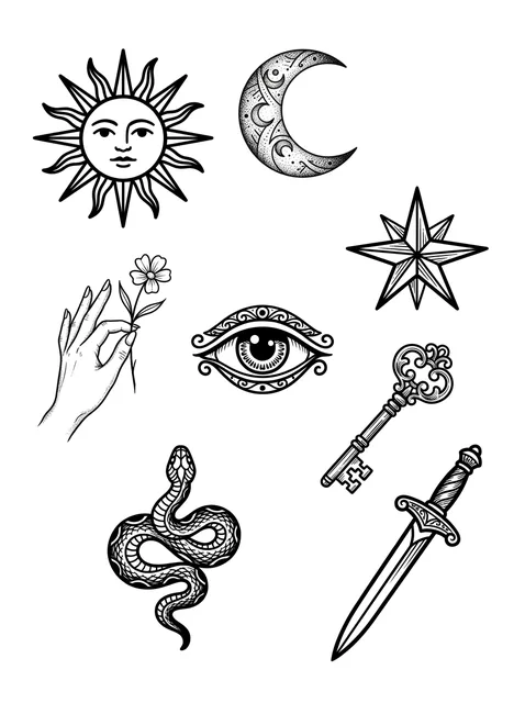 Black and grey patchwork sun and moon tattoo design