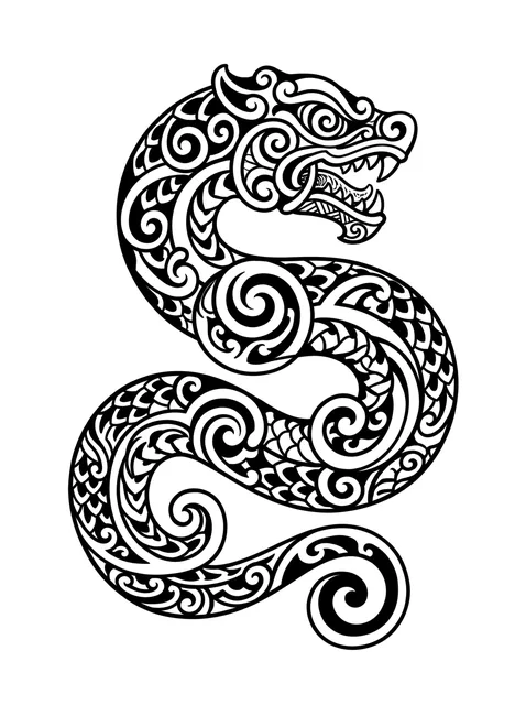 polynesian Dragon tattoo design, black and grey