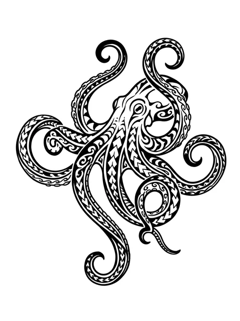 Black and grey polynesian octopus tattoo design: the tentacle tips curled into tight coils