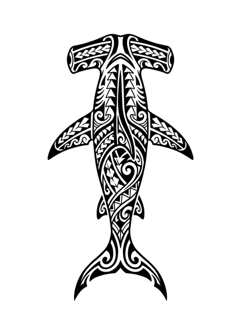 polynesian Shark tattoo design, black and grey
