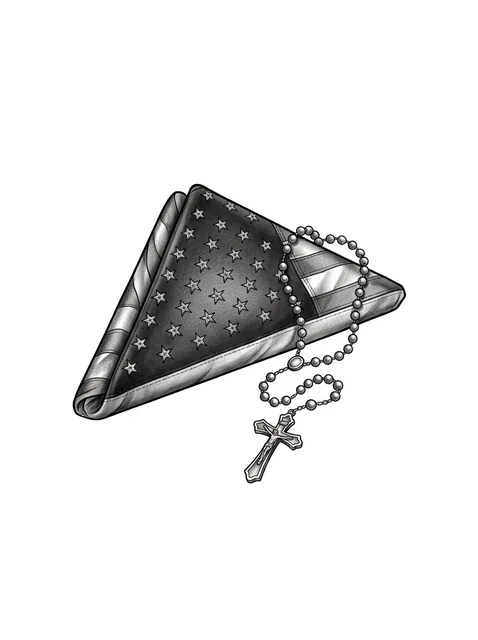 Black and grey realism american flag and rosary tattoo design