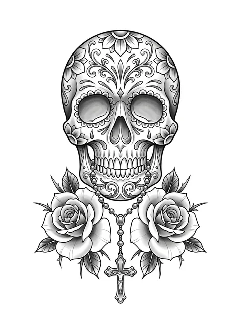Black and grey realism sugar skull and rose tattoo design
