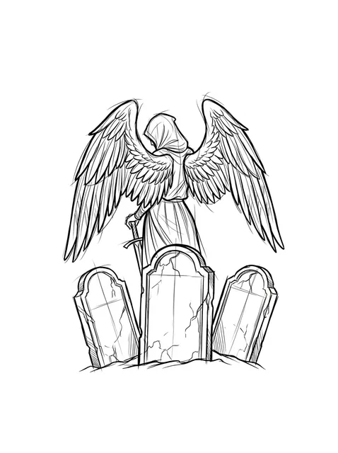 Black and grey sketch angel of death and gravestone tattoo design