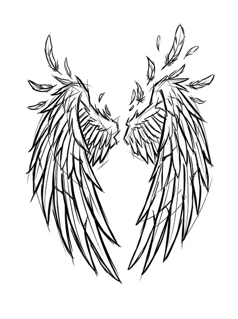 Black and grey sketch angel wings and feather tattoo design