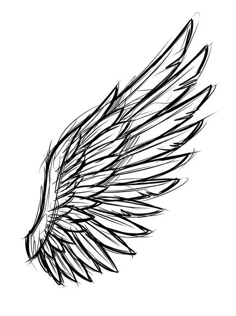 Black and grey sketch angel wings tattoo design: a single angel wing