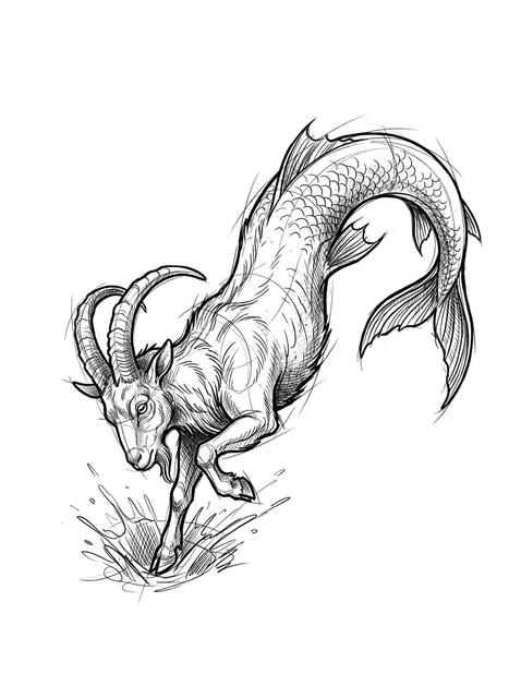 Black and grey sketch capricorn and goat tattoo design