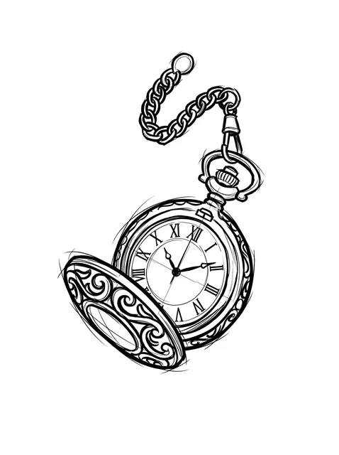 Black and white sketch clock tattoo design: an open pocket watch with Roman numerals on its face