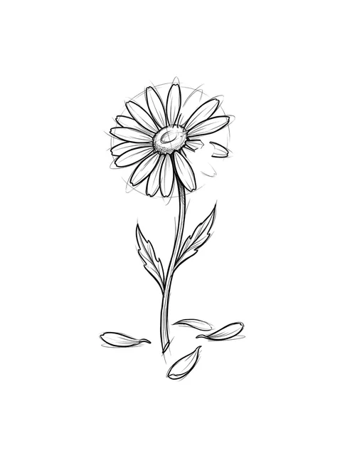 Black and grey sketch daisy and flower tattoo design: a daisy with some petals falling