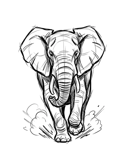 Black and grey sketch elephant tattoo design: an elephant charging forward