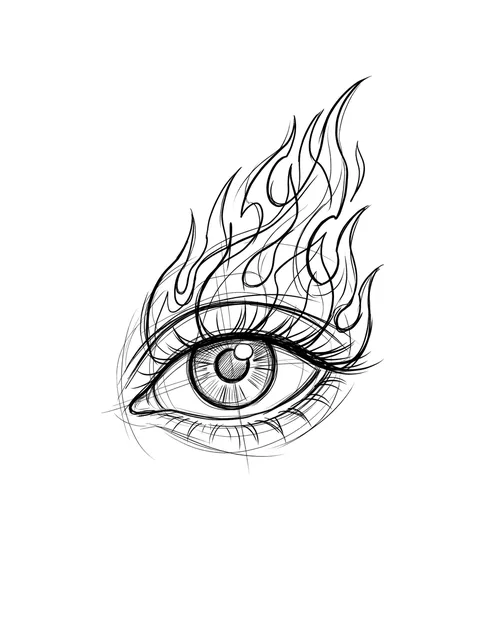 Black and white sketch fire and eye tattoo design: a flaming eye