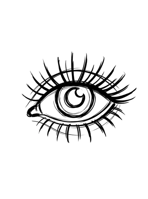 Black and grey sketch eye and moon tattoo design: an eye with long, spiky lashes