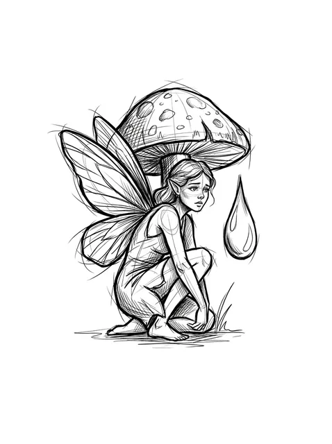Black and grey sketch fairy and mushroom tattoo design