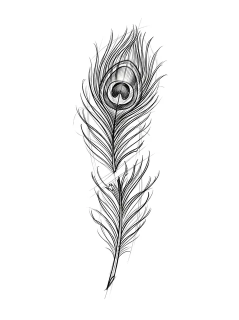 Black and grey sketch peacock and feather tattoo design
