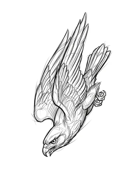 Black and grey sketch hawk tattoo design: its wings folded back and talons tucked