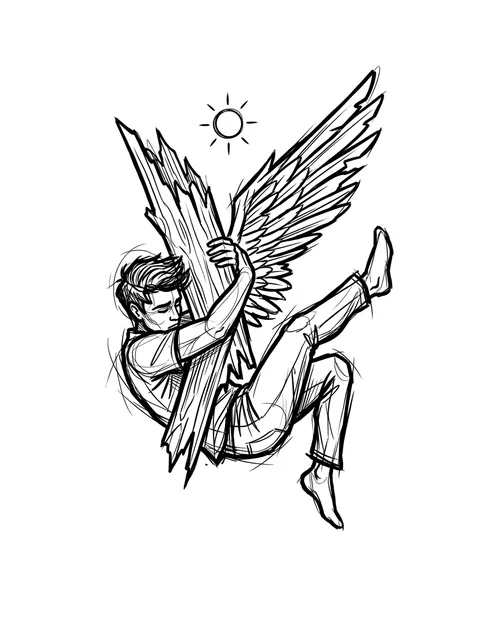 Black and white sketch icarus and angel wings tattoo design