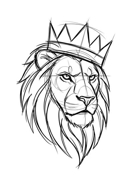 Black and grey sketch lion and crown tattoo design: a lion's head wearing a crown