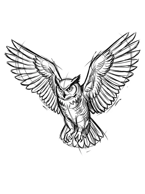 Black and grey sketch owl tattoo design: an owl in mid-flight, wings spread wide