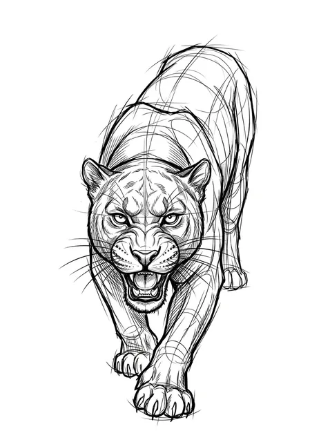 Black and grey sketch panther tattoo design: a snarling panther