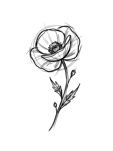 Black and grey sketch poppy and flower tattoo design: a single poppy flower with a bud and leaves