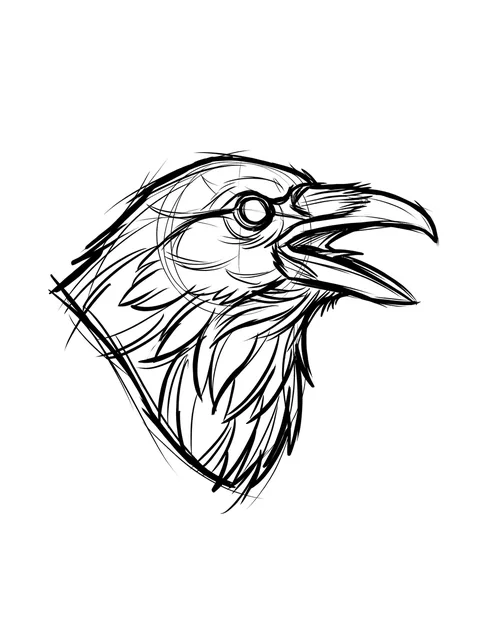 Black and grey sketch bird and raven tattoo design: the head of a raven with its beak open