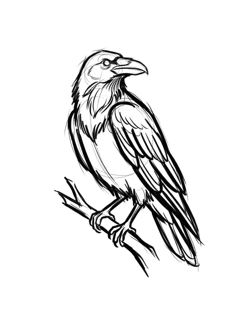Black and grey sketch raven tattoo design: a raven perched on a branch, looking to the right