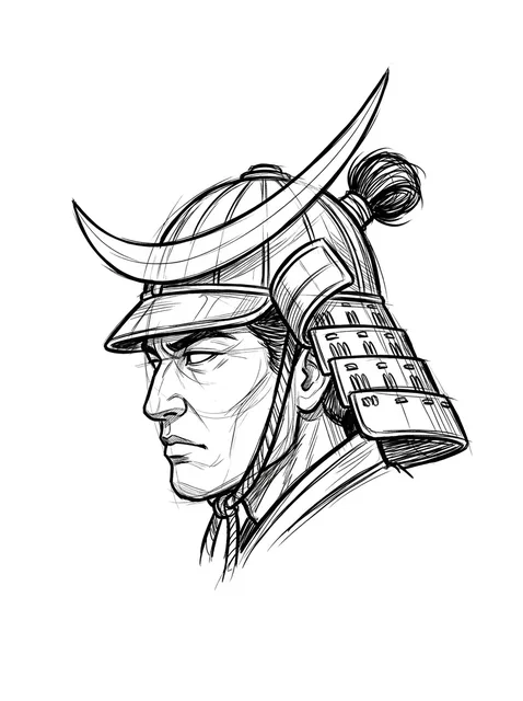 Black and grey sketch samurai tattoo design: a wide crescent crest, no face mask and the jaw