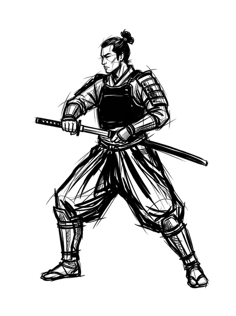 Black and grey sketch samurai tattoo design: a samurai warrior in a ready stance, holding a katana