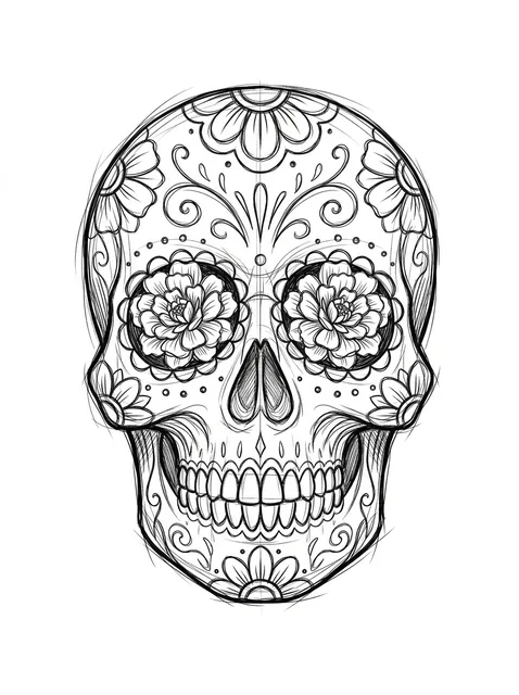 Black and grey sketch sugar skull tattoo design