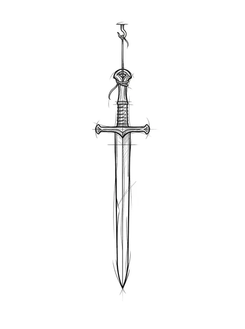 Black and grey sketch sword tattoo design: a medieval sword, hanging from a hook by a thin rope