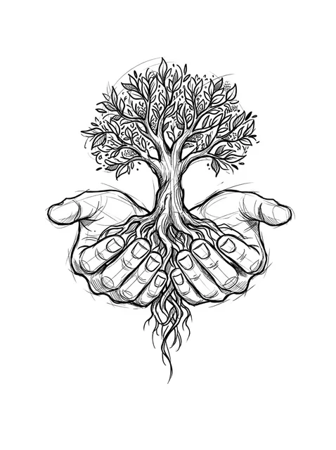 Black and grey sketch tree of life and hand tattoo design