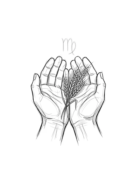 Diseño de tatuaje de virgo y una mano de estilo sketch en negro y gris