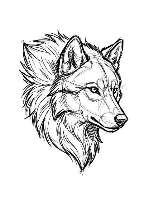 Black and grey sketch wolf tattoo design: a wolf's head in profile, looking to the right
