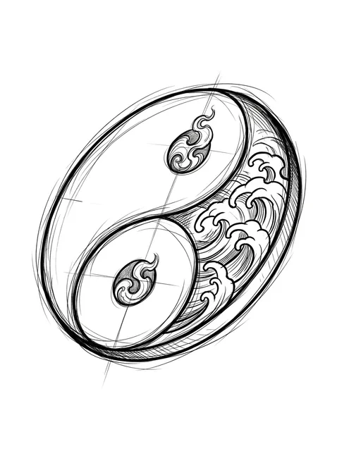 Black and grey sketch wave and yin yang tattoo design