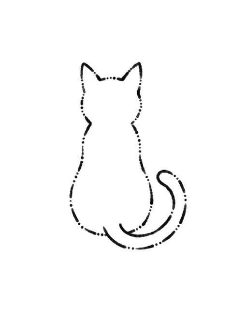 Black and grey stick and poke cat tattoo design: a cat's silhouette, viewed from behind