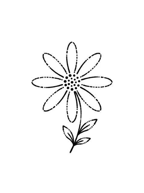 Black and grey stick and poke flower and leaf tattoo design
