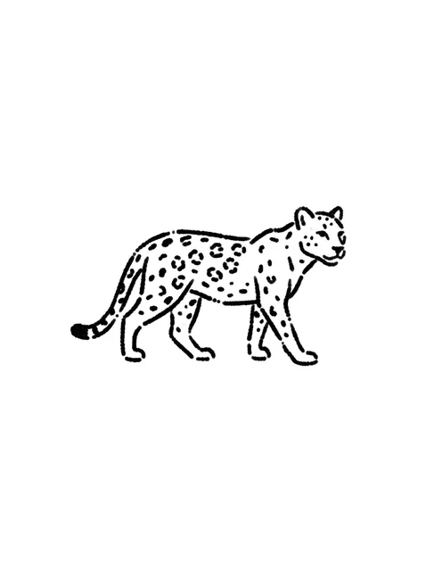 Black and grey stick and poke leopard tattoo design: a few scattered spots and a black tail tip