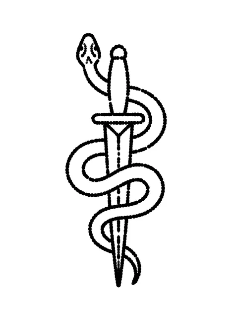 Black and grey stick and poke snake and dagger tattoo design