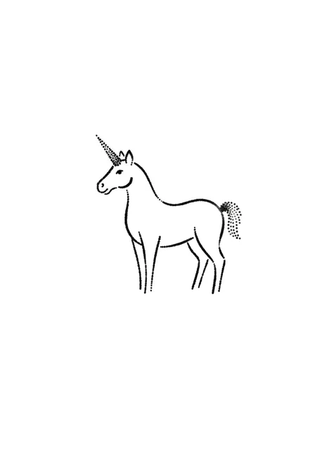 Black and grey stick and poke unicorn tattoo design: a dotted cone horn and a dotted tail, its body