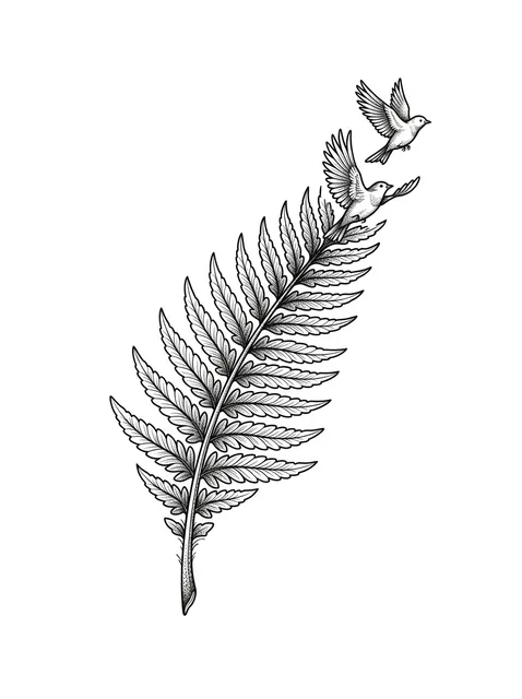 Black and grey surreal fern and bird tattoo design