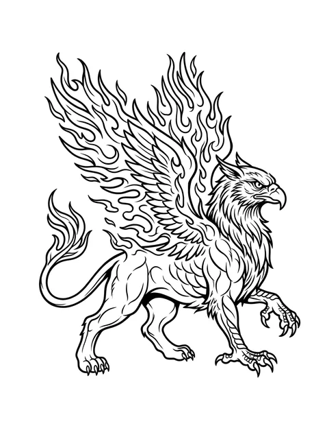 Black and grey surreal griffin and fire tattoo design